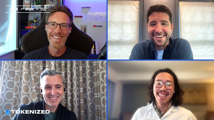 Four participants appear in a video call grid featuring the "TOKENIZED" podcast logo, with overlays from "Visa, stripe, TIO" and visible YouTube branding alongside host "SYN" signage in the top-left panel. The image promotes the Tokenized Podcast episode with guests @Sikes_ (COO of @public) and @ethanyish (co-founder and CEO of @AlliumLabs), airing Monday on Apple Podcasts, Spotify, and YouTube.