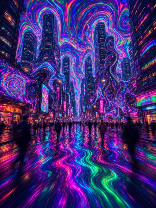 A vibrant, psychedelic AI-generated cityscape with skyscrapers, swirling neon purple, pink, and green colors, and reflections on a wet street.