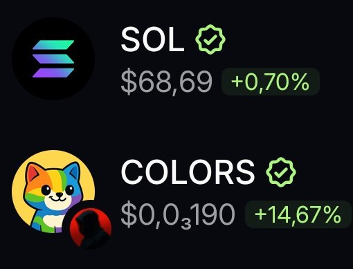A cryptocurrency price tracker displays SOL at $68.69 (+0.70%) and COLORS at $0.03190 (+14.67%), with both tokens marked by green verified checkmark badges. The image pairs with the "Good afternoon, $Colors-Family!" greeting to highlight COLORS token's notable double-digit gain alongside Solana's modest movement.
