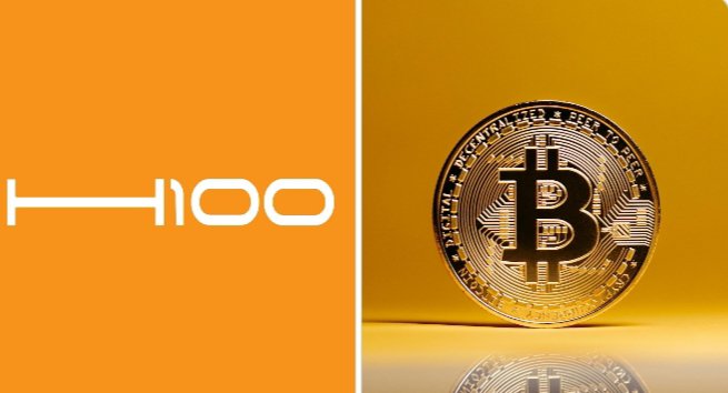 The image shows a split graphic with the H100 logo on an orange background (left) and a gold Bitcoin coin on a reflective yellow surface (right), visually representing Sweden's H100 Group's expansion of its Bitcoin treasury to 3,506 BTC through an all-share acquisition.
