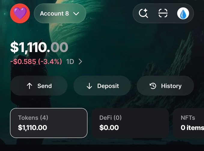 A mobile crypto wallet interface displaying a balance of $1,110.00, showing a 1D change of -$0.585 (-3.4%), with options to Send, Deposit, and view History.