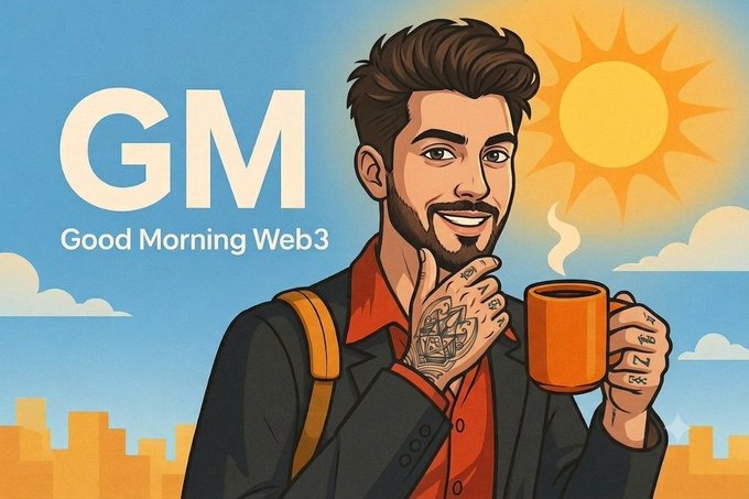 A cartoon-style illustration shows a bearded man with tattoos holding a steaming mug against a sunny sky backdrop, with the bold text "GM" and "Good Morning Web3" displayed on the left. The image visually reinforces the "Good Morning CT" greeting with its cheerful, sunny aesthetic and large "GM" lettering, a common crypto community shorthand for "Good Morning."