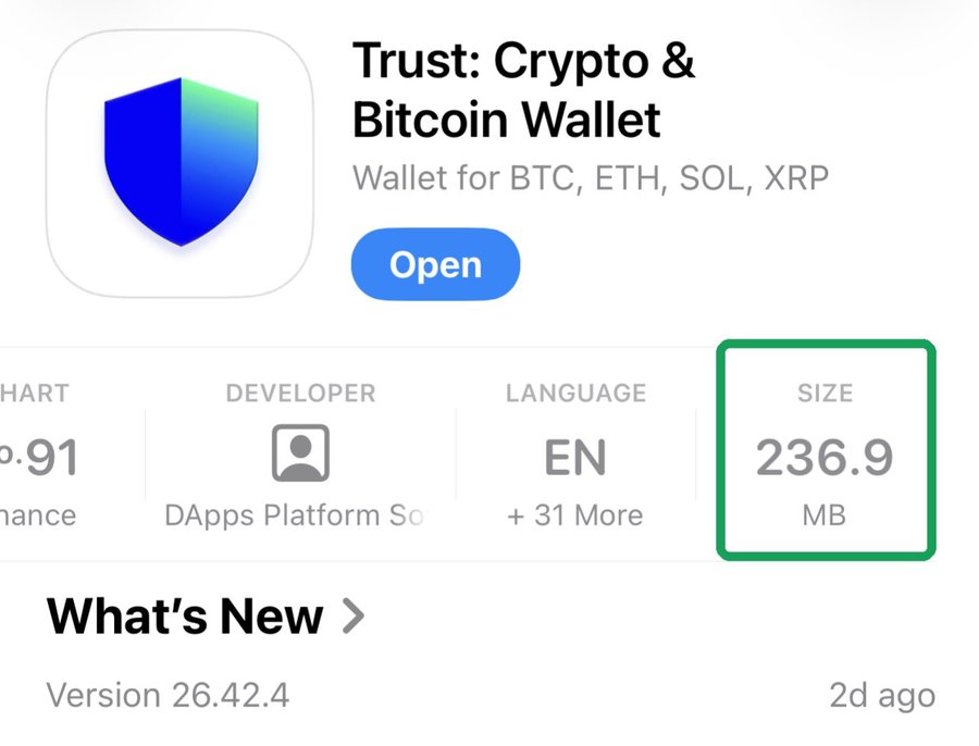 An app store listing for 'Trust: Crypto & Bitcoin Wallet' (for BTC, ETH, SOL, XRP) showing the size of 236.9 MB highlighted in a green box.