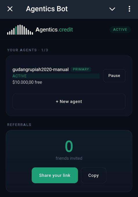 A mobile app screenshot of 'Agentics Bot' showing an active credit status, an agent named 'gudangrupiah2020-manual' marked as Primary with $10,000.00 free credit, options to add a new agent, and a referral section with zero friends invited.