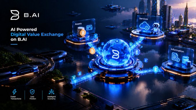 A promotional banner for B.AI advertising an 'AI Powered Digital Value Exchange on B.AI' with features like 'Faster Transactions,' 'Less Friction,' and 'Intelligent Economy' displayed beneath floating holographic platforms.