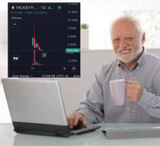 An older man smiling while holding a mug at a desk with a laptop, with a TradingView chart for PACK/ETH overlaid showing a value of 674.55K and +0.28%.