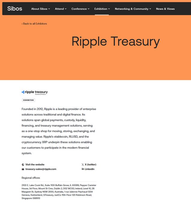A screenshot of the Sibos exhibitor page for Ripple Treasury, featuring its logo and description as a leading provider of enterprise solutions for traditional and digital finance, along with contact details and regional offices. This relates to the post confirming Ripple Treasury's presence at the SWIFT Sibos 2026 conference in Miami.