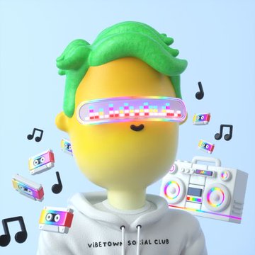 A 3D-rendered character with yellow skin, green hair, and pixelated sunglasses wearing a 'VIBETOWN SOCIAL CLUB' hoodie, surrounded by floating cassette tapes, a boombox, and musical notes.