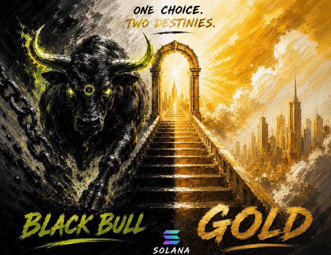 A dramatic artwork showing a black bull on one side and a golden city skyline on the other with stairs leading up, titled 'Black Bull Gold' on Solana, with tagline 'One Choice. Two Destinies.'