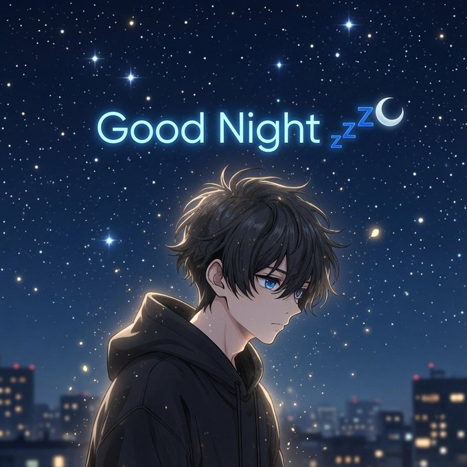 An anime-style illustration depicts a blue-haired boy in a black hoodie looking downcast under a starry night sky, with the text 'Good Night' and a crescent moon.