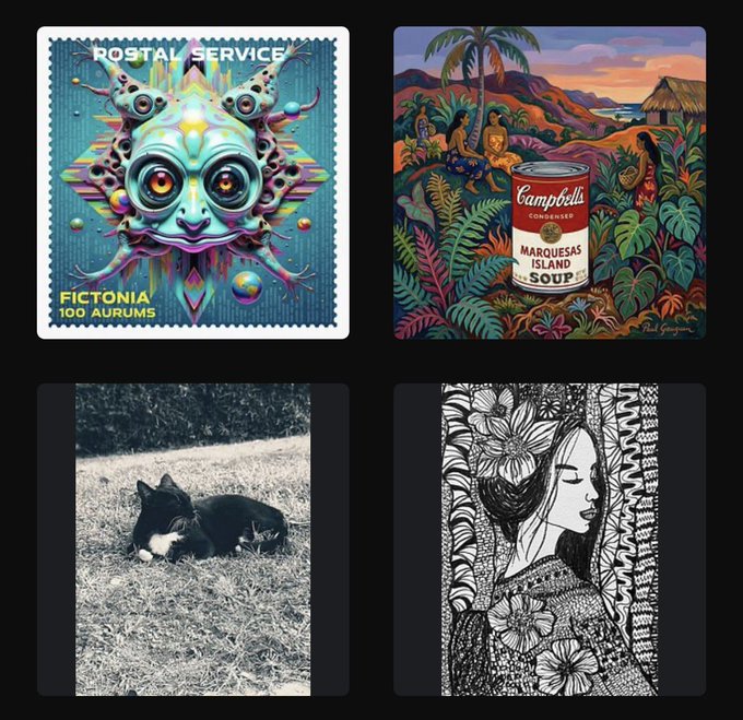 A collage of four artworks: a colorful alien creature stamp labeled 'POSTAL SERVICE FICTONIA 100 AURUMS', a tropical Campbell's Marquesas Island Soup can painting, a black and white photo of a cat resting on grass, and an intricate black and white floral line drawing of a woman's profile