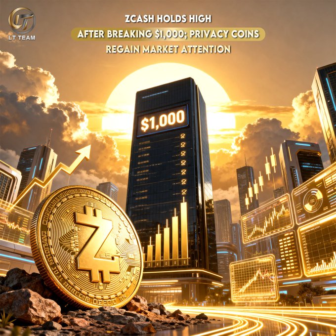A digital illustration shows a golden Zcash coin in the foreground beside a skyscraper displaying "$1,000" on its screen, with an upward arrow and rising bar charts set against a glowing sunset skyline. The headline reads "Zcash Holds High After Breaking $1,000; Privacy Coins Regain Market Attention," visually reinforcing the post's message of ZEC's breakout above the $1,000 milestone.
