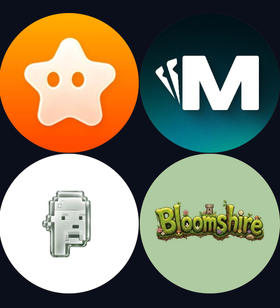Four app icons displayed in a grid: an orange star character icon, a dark teal 'M' logo, a pixel-style robot face on white, and the 'Bloomshire' game logo with flowers and a cat.