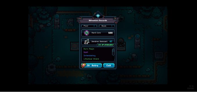 A pixel-art video game screen titled 'Adventure Rewards' showing 'Floor 3, Room 1', with rewards including 'Hard Core 600' and 'Demiork Remnant 47', plus listed buffs like 'Burn Magic', 'Spell', 'Intimidating', and 'Lifetail Shield'.