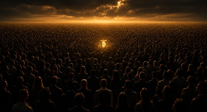 A massive crowd of people faces a glowing Bitcoin symbol on the horizon under a dramatic, cloudy sky at sunset.