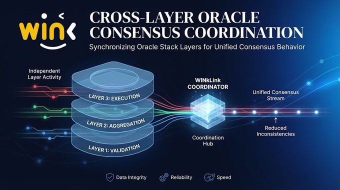 An illustration titled 'CROSS-LAYER ORACLE CONSENSES COORDINATION' by WINk shows the WinLink Coordinator synchronizing three oracle stack layers (Validation, Aggregation, Execution) for unified consensus behavior, emphasizing Data Integrity, Reliability, and Speed.