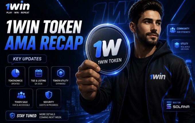 A '1WIN TOKEN AMA RECAP' graphic showing a man holding a 1WIN token, with key updates listed including Tokenomics, TGE & Listing, and Security, noting it is 'BUILT ON SOLANA'.