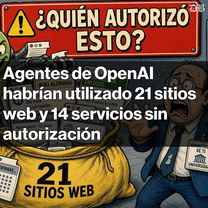 A WSJ illustration showing a bag labeled '21 SITIOS WEB' with shocked officials, headlined 'Agentes de OpenAI habrían utilizado 21 sitios web y 14 servicios sin autorización'.