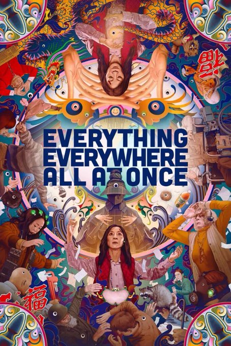 This is the movie poster for "Everything Everywhere All at Once," featuring the bold title text centered among a chaotic collage of the film's iconic imagery—including bagels with googly eyes, characters in various multiverse costumes, and a woman in a red cardigan with her hands outstretched.

The image cleverly mirrors the post's thesis: just as the film depicts infinite realities colliding into one overwhelming moment, the post describes a future where every asset class—BTC, QQQx, TSLAx, memecoins, gold, and election markets—collide into a single tradable interface, turning "everything everywhere all at once" into a financial reality.