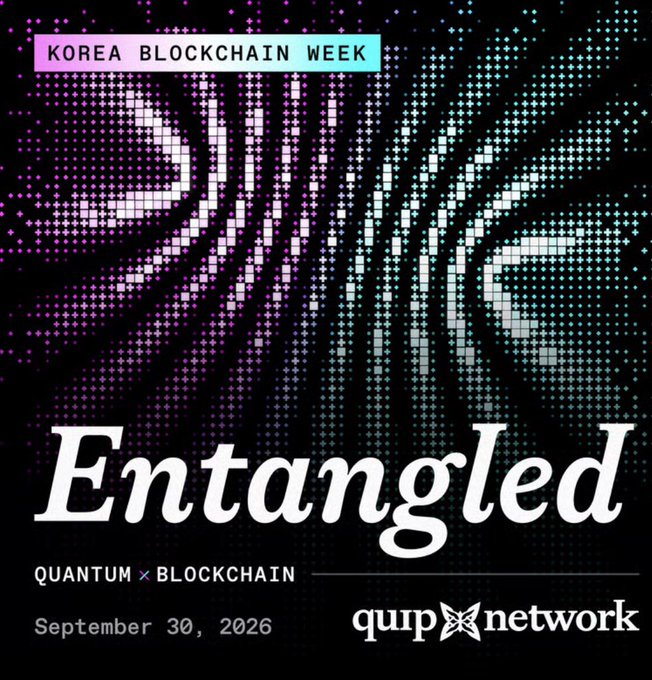 An event poster for "KOREA BLOCKCHAIN WEEK" featuring the title "Entangled" with "QUANTUM x BLOCKCHAIN" and date "September 30, 2026," alongside the qubix network logo against a purple and teal digital pixel background.