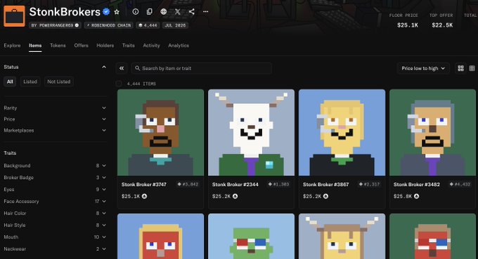 The StonkBrokers NFT marketplace interface showing pixelated stock broker avatars, with floor price $25.1K and featured items like Stonk Broker #3747 ($25.1K), #2344 ($25.2K), #2367 ($25.2K), and #3482 ($25.8K).