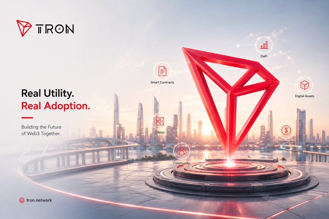 A promotional graphic for 'TRON' with the tagline 'Real Utility. Real Adoption. Building the Future of Web3 Together.', displaying the red TRX diamond logo with icons for DeFi, Smart Contracts, Digital Assets, dApps, Stablecoins, and Community.