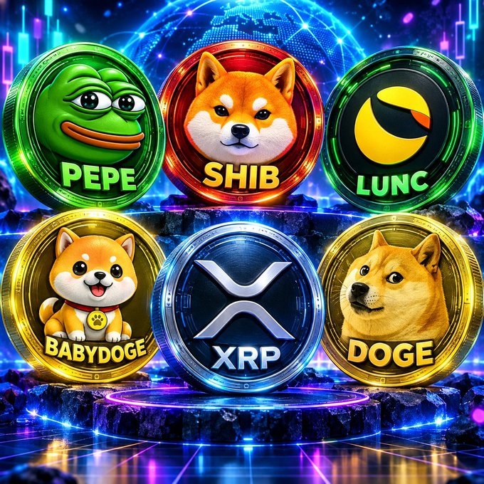 A vibrant digital artwork displaying six cryptocurrency coins: PEPE (green frog), SHIB (orange Shiba Inu), LUNC, BABYDOGE (cute Shiba Inu puppy), XRP, and DOGE, set against a glowing cyberpunk background with a globe.