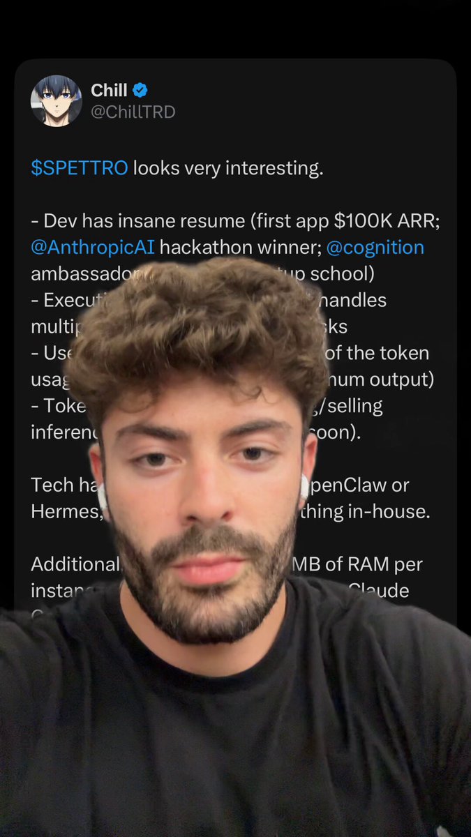 The image features a man with a beard wearing a black shirt, who appears to be taking a selfie or sharing his thoughts about a recent post on social media. The caption of the post reads "Chilr @chiltrd #SPETTRO looks very interesting". This suggests that the man is interested in the coin and wants to share this information with others.