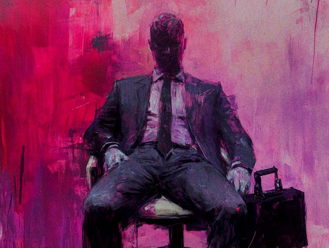 A dark, stylized painting of a man in a suit sitting on a chair against a vibrant pink and red background, with a briefcase beside him.