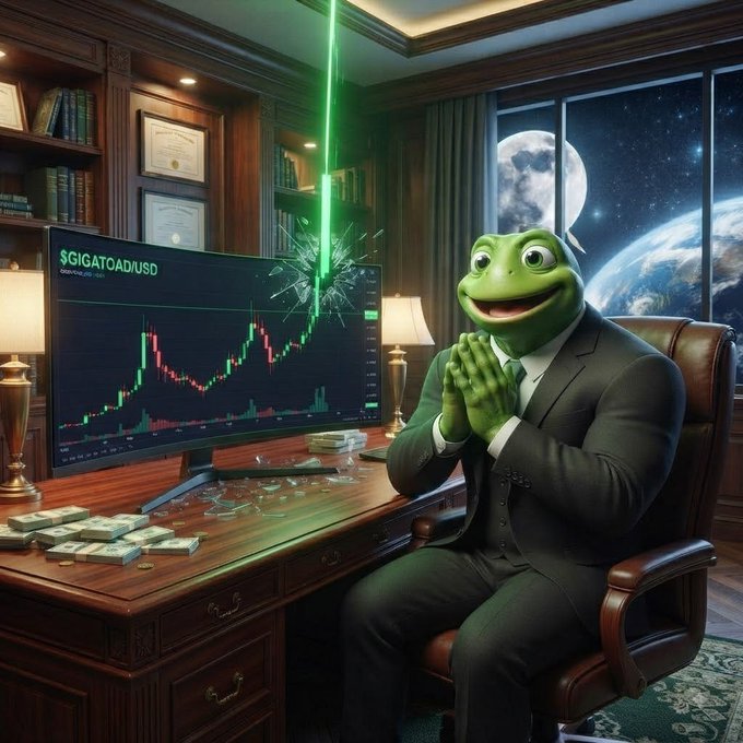 The image shows a cheerful Pepe the Frog character in a suit sitting at a luxurious wooden desk, gazing excitedly at a shattered monitor displaying "$GIGATOAD/USD" with a green candlestick chart shooting upward in a candlestick breakout pattern. Stacks of cash, a cigar, and the cosmic backdrop with Earth and the moon reinforce the grandiose crypto hype of the post promoting the $GIGATOAD pump token.