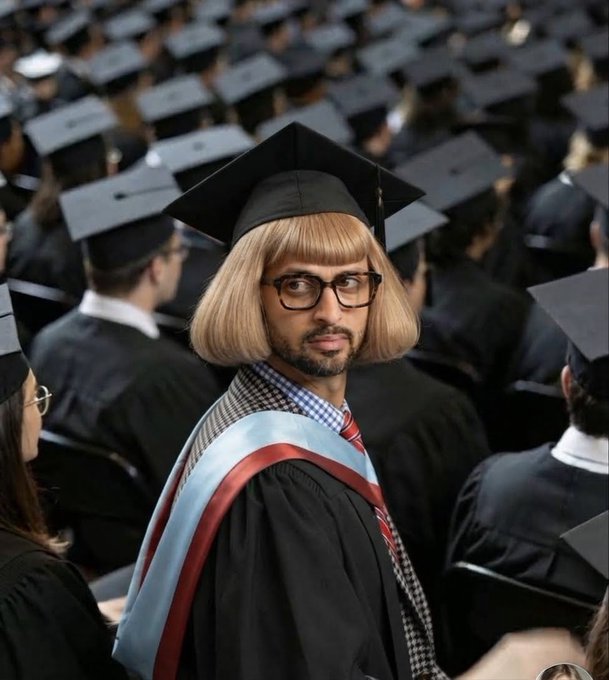 A man with a blonde bob wig and glasses wears a black graduation cap and gown at a commencement ceremony.