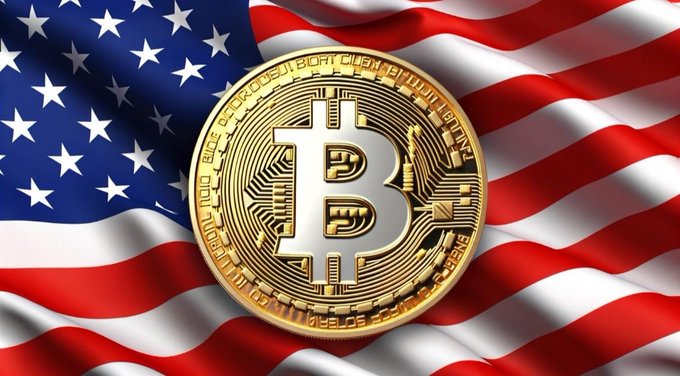 A gold Bitcoin coin rests atop a waving American flag, symbolizing BTC's rebound above the $64K–$65K range following softer U.S. inflation data, with bulls eyeing the $66K resistance level for further upside.