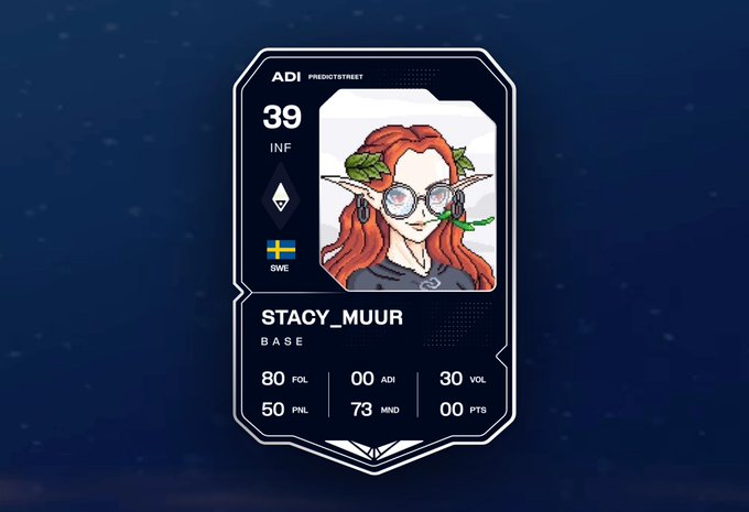 The image features a digital illustration of an elf dressed up as a woman with red hair, wearing glasses, and a green leaf necklace around her neck. She has a "Base" rating of 80% and a "90/73%" accuracy rate. On top of this, there is an "ADI Predictstreet Card" for the post. The background appears to be blue, with white stars scattered throughout. The title in the image reads "Prediction Card For the World Cup", indicating that the elf is predicting the outcome of the upcoming FIFA World Cup using her predictions from the past.