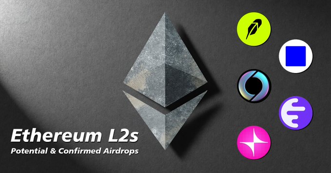 A graphic featuring the Ethereum logo in stone texture with text 'Ethereum L2s Potential & Confirmed Airdrops' alongside various cryptocurrency logos.