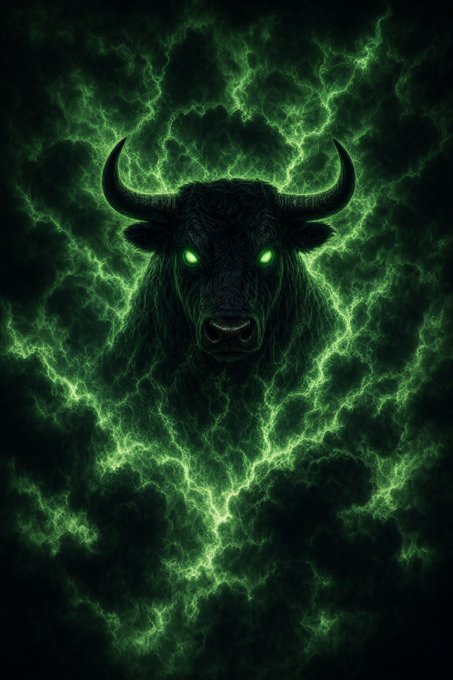 A menacing bull with glowing green eyes emerges from a stormy cloud of crackling green lightning, embodying the fierce bullish energy referenced in the post about $ANSEM. The image visually reinforces the "don't fade the Bull" message with its powerful, supernatural aura suggesting unstoppable momentum.