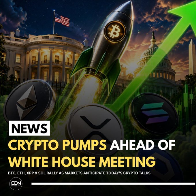 A CD news graphic reads "CRYPTO PUMPS AHEAD OF WHITE HOUSE MEETING" with the subtext "BTC, ETH, XRP & SOL RALLY AS MARKETS ANTICIPATE TODAY'S CRYPTO TALKS," showing a Bitcoin rocket and cryptocurrency logos.