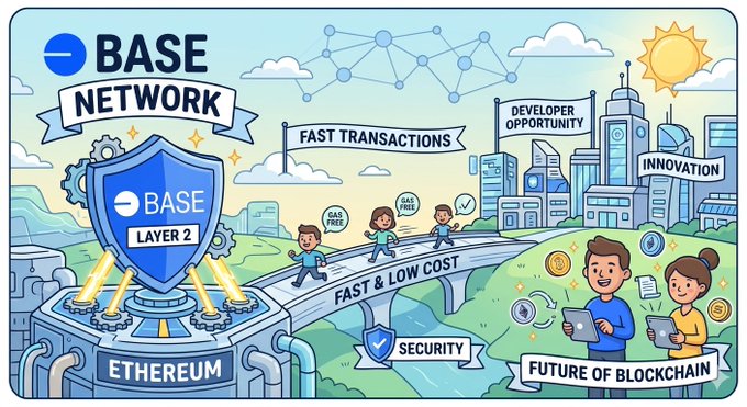 The image features an illustration of Base Network Layer 2 (L2) architecture with a group of people walking across a bridge over a river. The scene depicts a futuristic cityscape with buildings, roads, and bridges, symbolizing the development of blockchain technology. The text in the image reads "Base Network Layer 2" and "Fast transactions", indicating that this is an educational illustration about Base Network Layer 2 architecture.