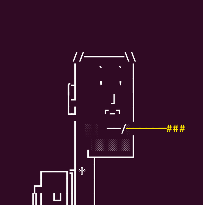A minimalist white line-art ASCII-style illustration of a figure resembling a religious or saint-like character on a dark purple background, with a yellow line pointing to a censored bar labeled '###'.