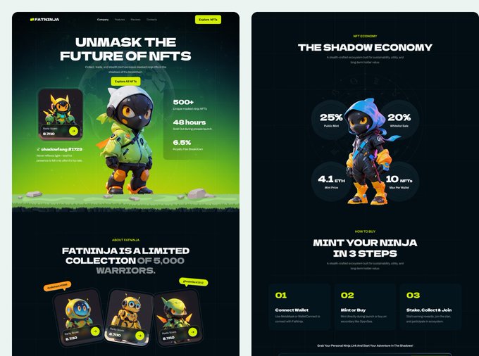 A FatNinja NFT landing page design featuring 'Unmask The Future of NFTs' with character images and minting statistics like 500+ items and 6.5% royalties.