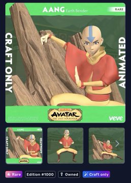 A Veve digital collectible NFT card featuring Aang from Avatar: The Last Airbender in an earthbending pose, labeled 'RARE', 'CRAFT ONLY', and 'Edition #1000'.