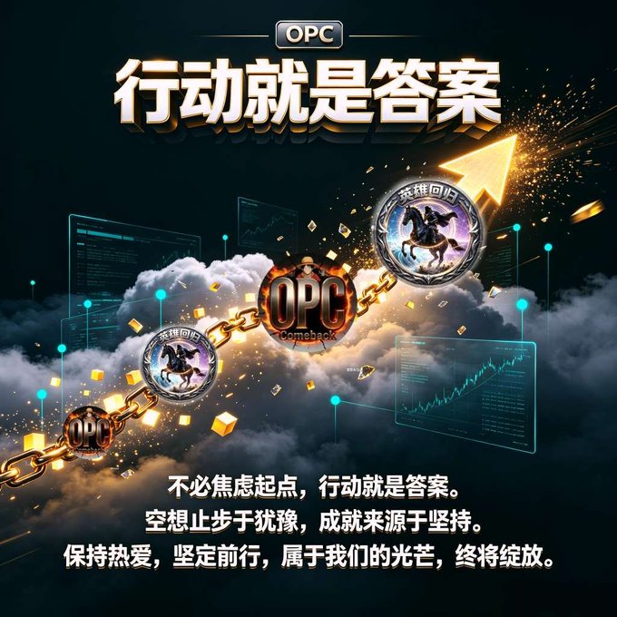 A Chinese cryptocurrency promotional poster for "OPC" (comeback) featuring coins connected by chains flying through clouds, with the headline "行动就是答案" (Action is the answer) and motivational text in Chinese about not worrying about the starting point.