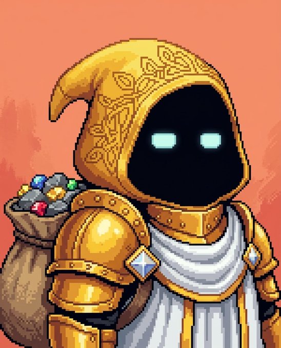 A pixel art character in ornate golden hooded armor with glowing cyan eyes stands beside a sack overflowing with colorful gems, symbolizing the rapid sellout and treasure-hunt excitement referenced in the "MINT IS OVER. SOLD OUT IN LESS THAN 5 SECONDS" post for the ret… NFT collection on OpenSea.