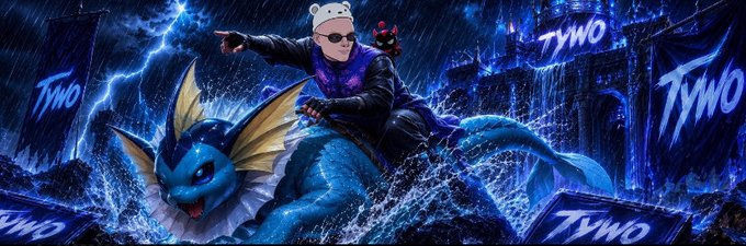 Digital artwork of a character in a panda hat and sunglasses riding a blue dragon-like creature through a stormy sea with 'TYWO' logos displayed throughout.