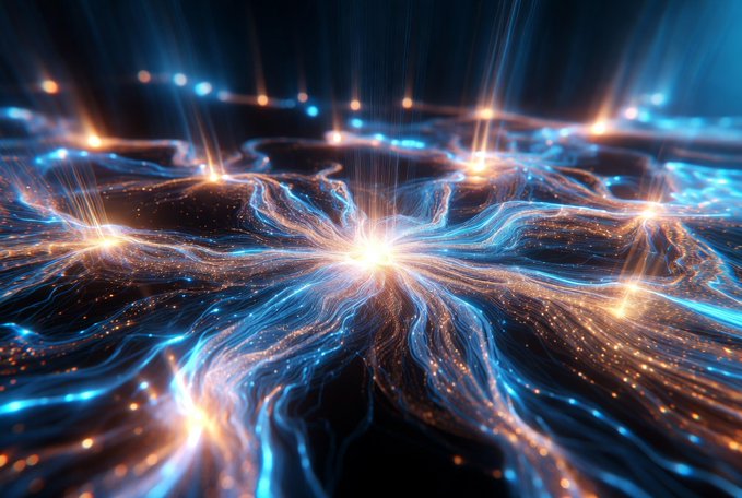 An abstract digital artwork featuring glowing blue and orange light streams radiating from bright points across a dark, fluid-like landscape.