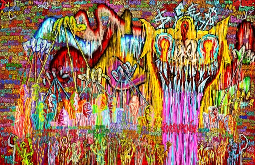 A highly saturated, colorful psychedelic artwork depicting melting heart shapes, abstract faces, and dripping paint effects with text elements woven throughout.