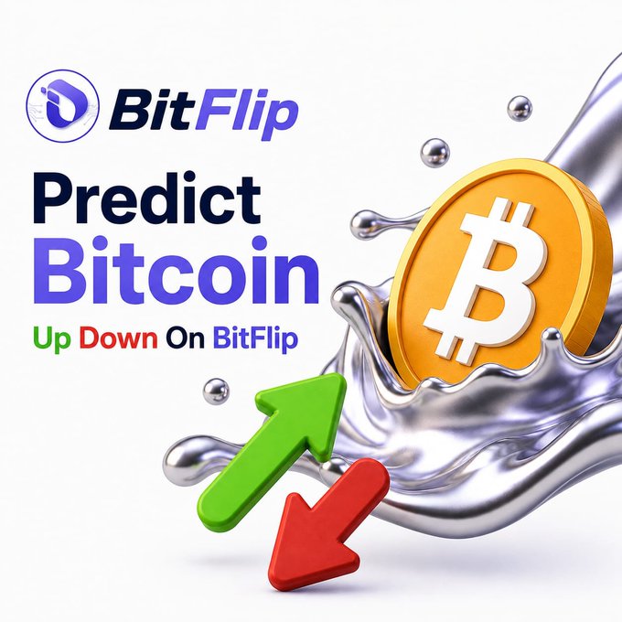 A promotional graphic for BitFlip featuring the text "Predict Bitcoin Up Down On BitFlip" alongside a gold Bitcoin coin and green/red up/down arrows.