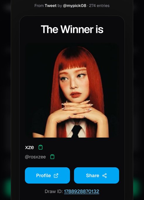 A winner announcement from a Tweet draw by @mypick08 (274 entries) featuring a red-haired model in a black tie, declaring "xze" (@rosxzee) as the winner with Draw ID: 1788928870132, matching the congratulatory post about the prize draw.