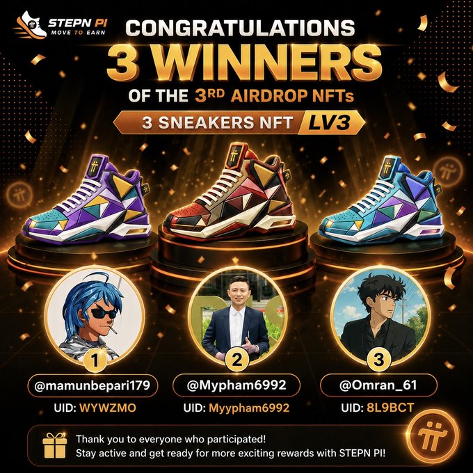 Congratulations to the 3 winners of the STEPN PI 3rd Airdrop NFTs, each receiving a Sneaker NFT Lv3, pictured here with their usernames and UIDs. The visual celebrates the winners of the STEPN PI airdrop, showcasing the virtual sneakers as prizes.