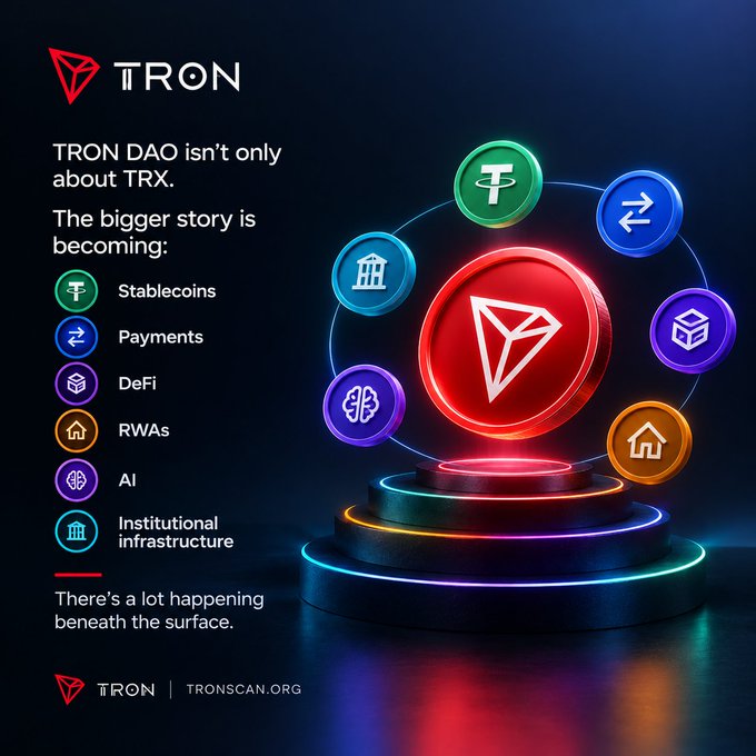 Marketing poster for TRON DAO featuring the TRX logo surrounded by icons representing stablecoins, payments, DeFi, RWAs, AI, and institutional infrastructure, directing to tronscan.org.