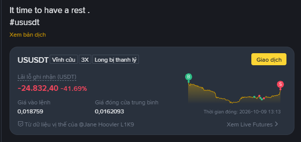 A trading interface showing the USUSDT pair down 41.69% to $0.0162093, with the text 'It time to have a rest. #ususdt' and 'Xem bản dịch' above it.